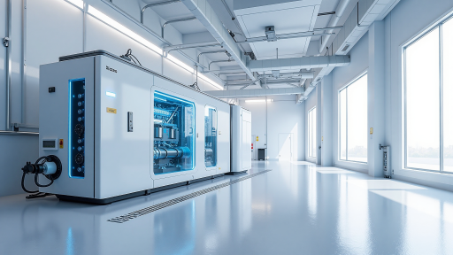 Commercial tunnel car wash system with multiple washing stations, modern design, white and blue equipment